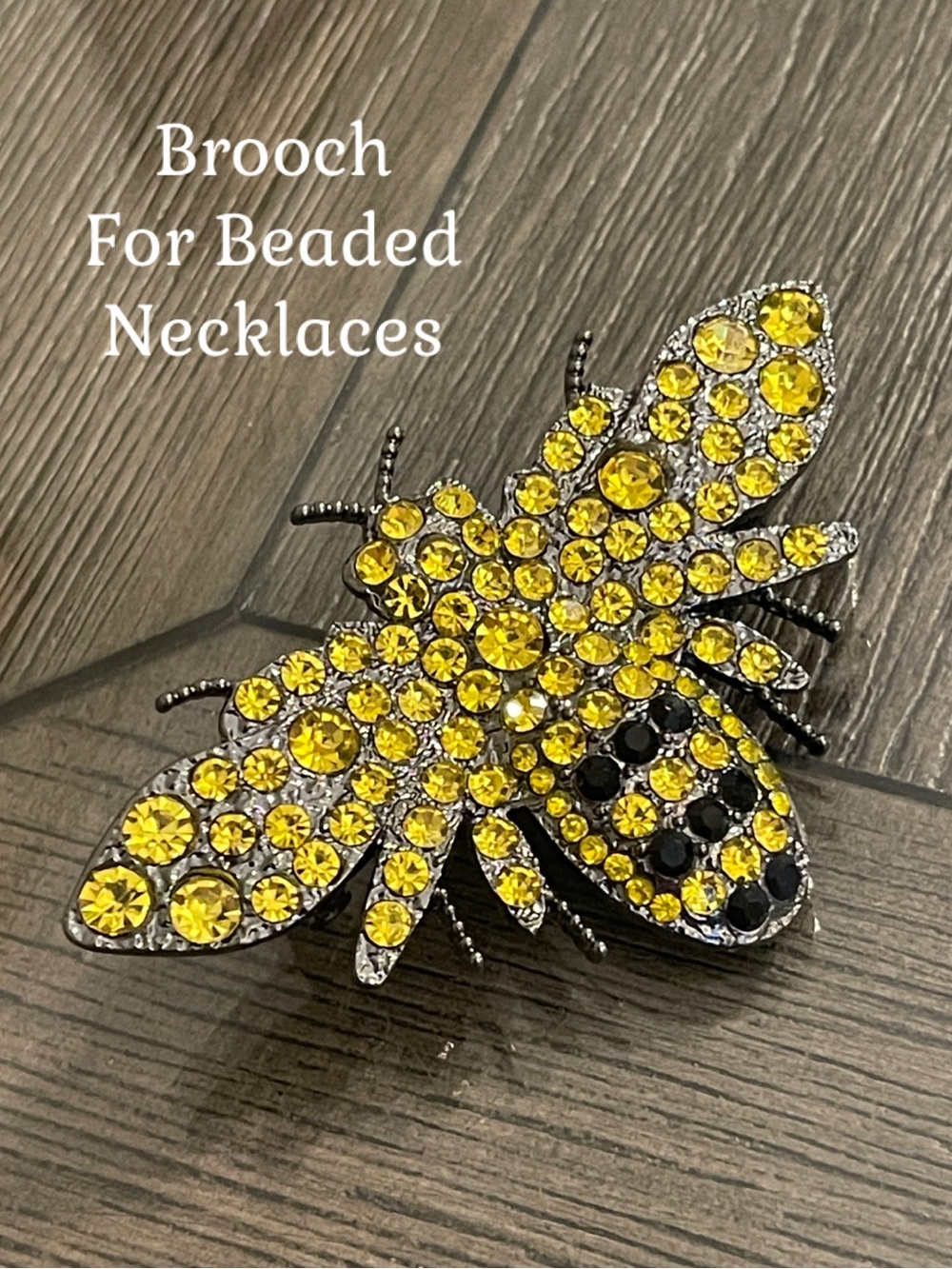 Large Yellow & Black Rhinestone Bee Beaded Necklace Brooch
